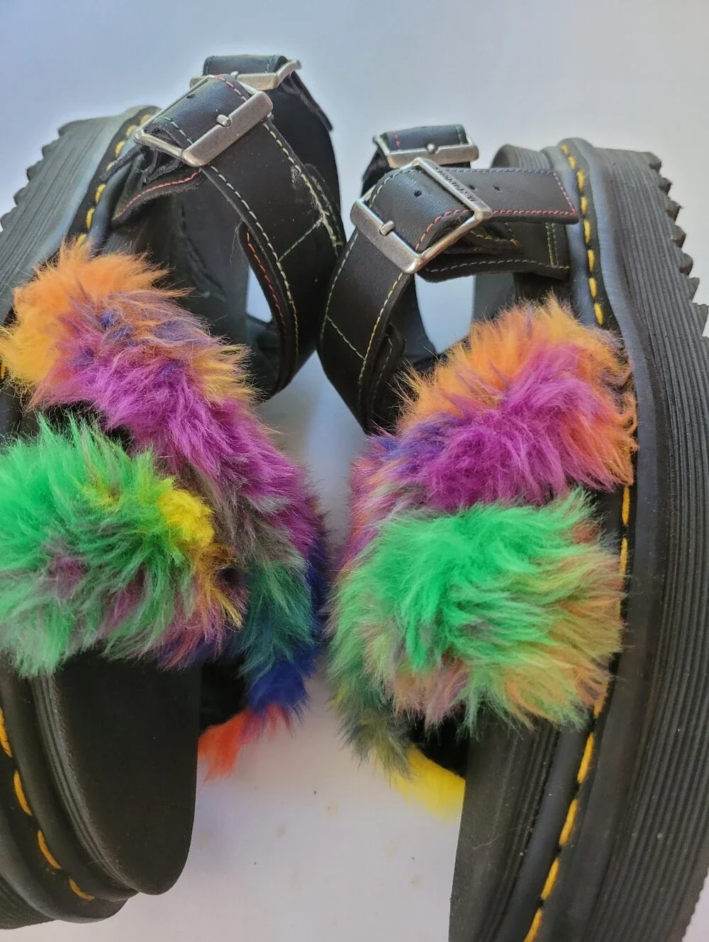 Dr. Martens 10 Black Platform Sandals with Rainbow Faux Fur Straps